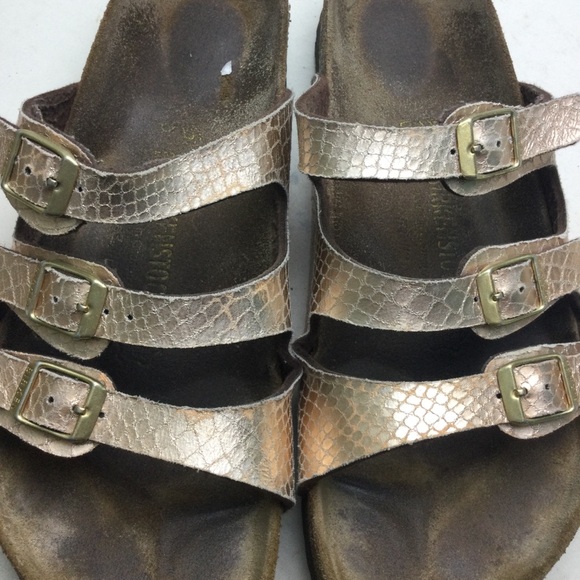 Birkenstock Florida Gold Snake Embossed 3 Strap Sandals Size 11 - Picture 9 of 12